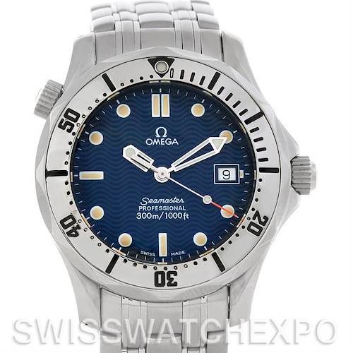 The image shows a front view of an Omega Seamaster 2562.80.00 Men's Stainless Steel Blue Dial 2562.80.00 Men's Stainless Steel Blue Dial watch, highlighting its dial, bezel, and bracelet.