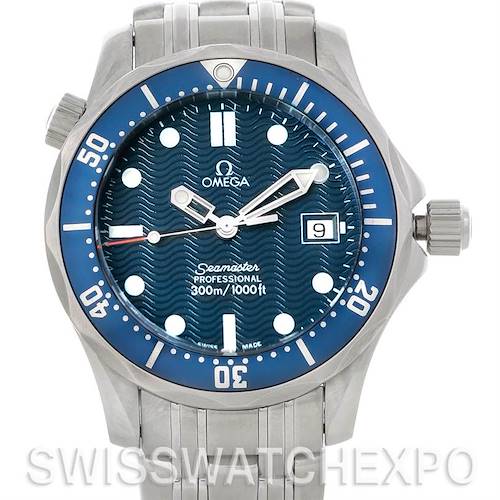 The image shows a frontal view of the Omega Seamaster 2223.80.00 Men's Stainless Steel Blue Dial 2223.80.00 Men's Stainless Steel Blue Dial watch, highlighting the blue dial, bezel, and stainless steel bracelet.