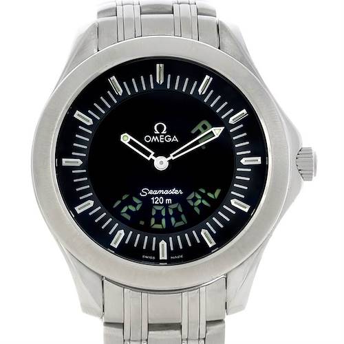 The image shows a front view of an Omega Seamaster 2521.81.00 Men's Stainless Steel Blue Dial 2521.81.00 Men's Stainless Steel Blue Dial watch, displaying its bezel, dial, and bracelet.