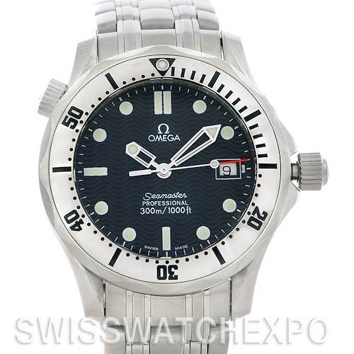 The image shows a front view of the Omega Seamaster 2562.80.00 Men's Stainless Steel Blue Dial 2562.80.00 Men's Stainless Steel Blue Dial Professional watch, highlighting the dial, bezel, and bracelet.