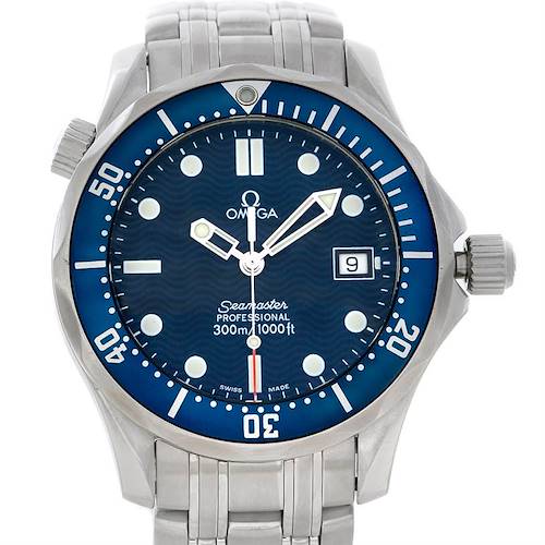 This is a front view of an Omega Seamaster 2223.80.00 Men's Stainless Steel Blue Dial 2223.80.00 Men's Stainless Steel Blue Dial watch featuring the dial, bezel, stainless steel bracelet, and date window.