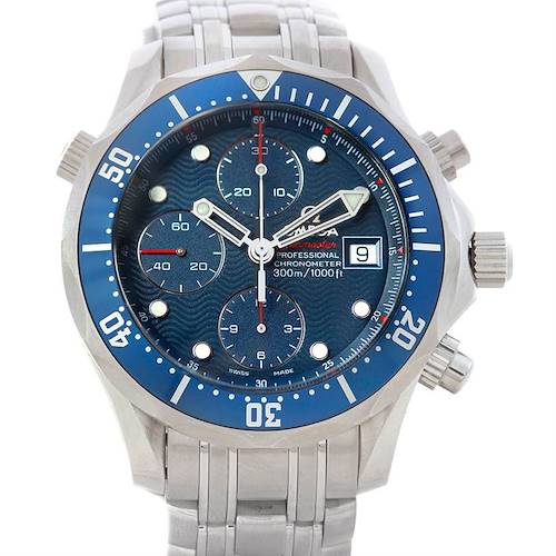 This image shows a front view of the Omega Seamaster 2225.80.00 Men's Stainless Steel Blue Dial 2225.80.00 Men's Stainless Steel Blue Dial watch, highlighting the dial, bezel, chronograph subdials, date window, and bracelet.