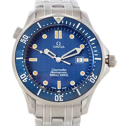 This is a front view of an Omega Seamaster 2541.80.00 Men's Stainless Steel Blue Dial 2541.80.00 Men's Stainless Steel Blue Dial watch showing the dial, hands, bezel, date window, and part of the bracelet.