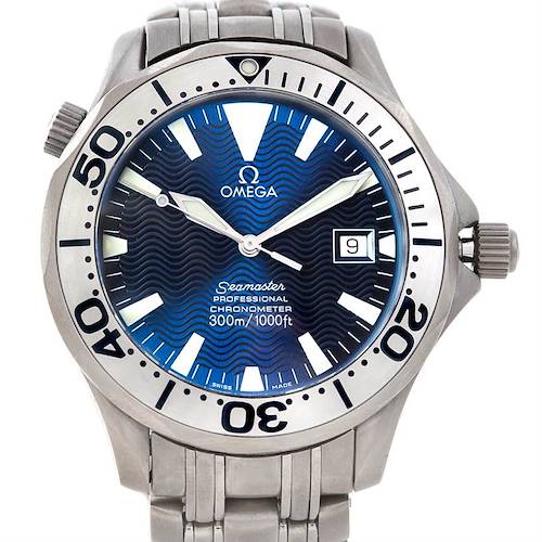The image shows a front view of the Omega Seamaster 2231.80.00 Men's Titanium Blue Dial 2231.80.00 Men's Titanium Blue Dial watch, displaying its face, bezel, and part of the stainless steel band.