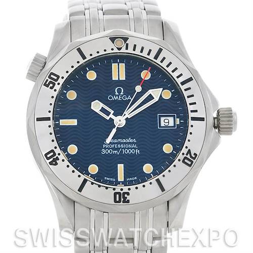 The image shows a frontal view of an Omega Seamaster 2562.80.00 Men's Stainless Steel Blue Dial 2562.80.00 Men's Stainless Steel Blue Dial watch, displaying the bezel, dial, hands, date window, and stainless steel bracelet.