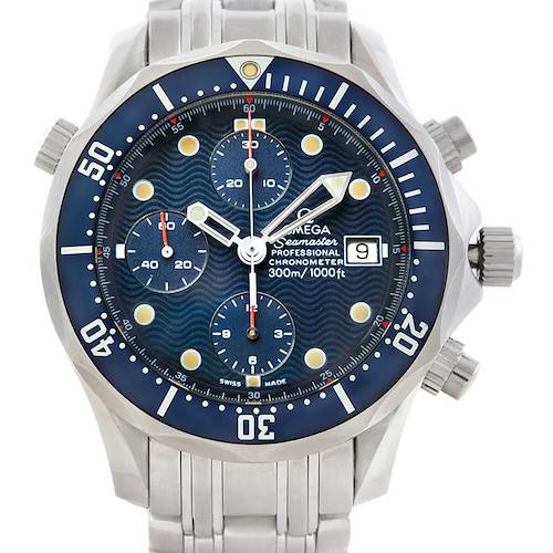 The image shows a frontal view of the Omega Seamaster 2599.80.00 Men's Stainless Steel Blue Dial 2599.80.00 Men's Stainless Steel Blue Dial watch, featuring the face, bezel, crown, and part of the bracelet.