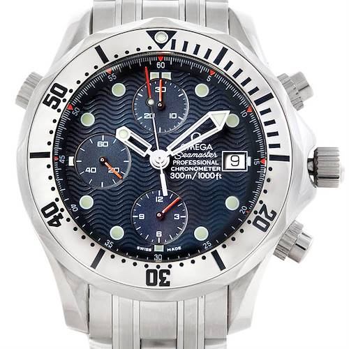 The Omega Seamaster 2598.80.00 Men's Stainless Steel Blue Dial 2598.80.00 Men's Stainless Steel Blue Dial watch is shown from a straight-on angle, highlighting the face, bezel, sub-dials, and part of the bracelet.