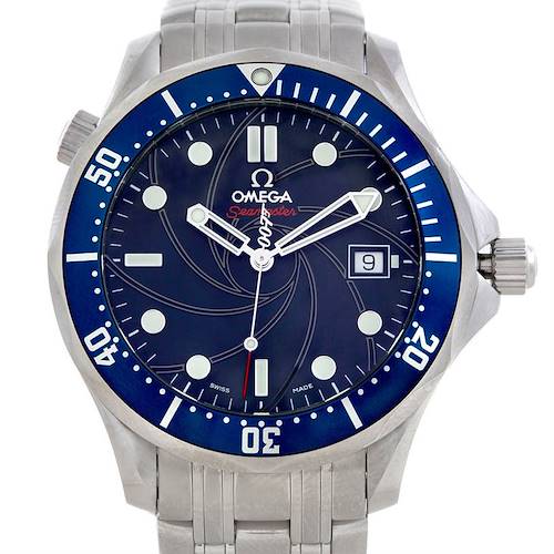 This image shows a front view of an Omega Seamaster 2226.80.00 Men's Stainless Steel Blue Dial 2226.80.00 Men's Stainless Steel Blue Dial watch, highlighting its blue dial, bezel, and bracelet.