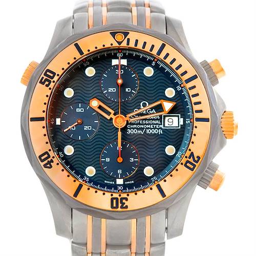 The image shows a frontal view of the Omega Seamaster 2296.80.00 Men's Titanium Blue Dial 2296.80.00 Men's Titanium Blue Dial watch, highlighting its dial, bezel, and chronograph buttons.