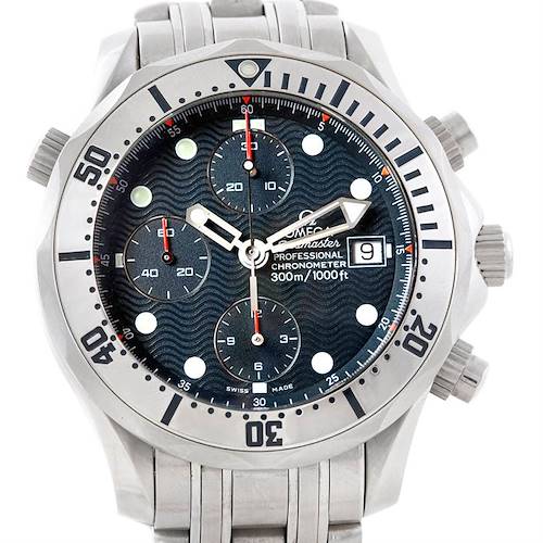 The image shows a front view of the Omega Seamaster 2598.80.00 Men's Stainless Steel Blue Dial 2598.80.00 Men's Stainless Steel Blue Dial watch, highlighting its dial, bezel, and chronograph features.
