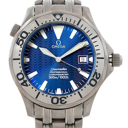 The Omega Seamaster 2231.80.00 Men's Titanium Blue Dial 2231.80.00 Men's Titanium Blue Dial watch is shown in a frontal view, displaying the face, bezel, and partial bracelet.