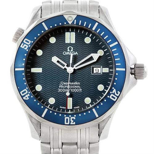 This is a front view of the Omega Seamaster 2541.80.00 Men's Stainless Steel Blue Dial 2541.80.00 Men's Stainless Steel Blue Dial Professional watch, showcasing its dial, bezel, hands, and date window.