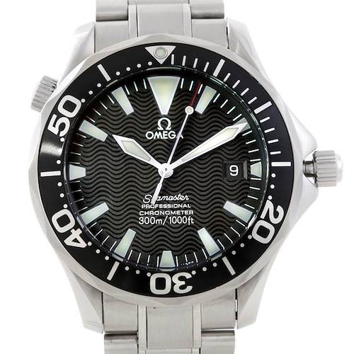 The image shows a front view of an Omega Seamaster 2254.50.00 Men's Stainless Steel Black Dial 2254.50.00 Men's Stainless Steel Black Dial watch, detailing the dial, bezel, and crown.