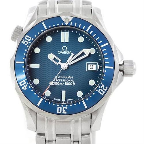 The image shows the front view of the Omega Seamaster 2561.80.00 Men's Stainless Steel Blue Dial 2561.80.00 Men's Stainless Steel Blue Dial watch, displaying its dial, bezel, hands, and bracelet.