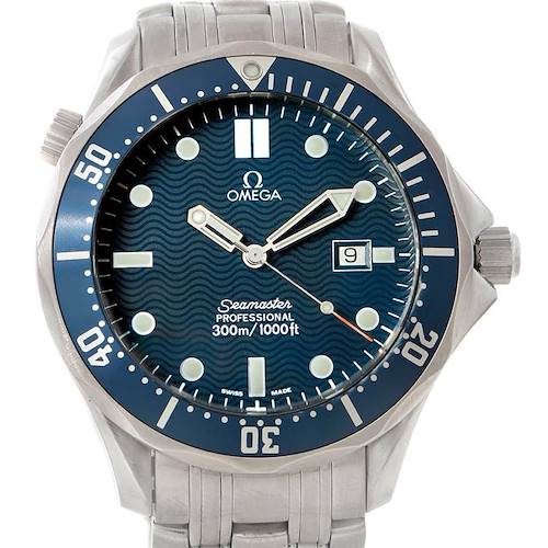 The image shows a front view of the Omega Seamaster 2541.80.00 Men's Stainless Steel Blue Dial 2541.80.00 Men's Stainless Steel Blue Dial Professional watch, highlighting its blue dial, date window, and stainless steel bezel and bracelet.