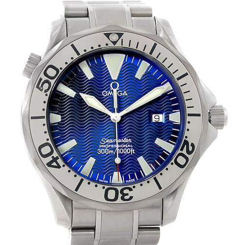 This image displays the front view of an Omega Seamaster 2265.80.00 Men's Stainless Steel Blue Dial 2265.80.00 Men's Stainless Steel Blue Dial watch, showing the dial, bezel, hands, date, and stainless steel bracelet.
