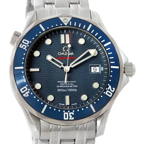 The image shows a front view of the Omega Seamaster 2220.80.00 Men's Stainless Steel Blue Dial 2220.80.00 Men's Stainless Steel Blue Dial watch, highlighting its blue dial, bezel, and stainless steel bracelet.
