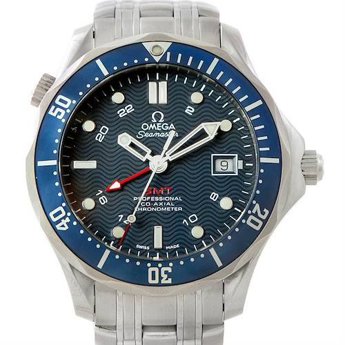 The Omega Seamaster 2535.80.00 Men's Stainless Steel Blue Dial 2535.80.00 Men's Stainless Steel Blue Dial watch is shown from the front, highlighting the dial, bezel, hands, and bracelet.