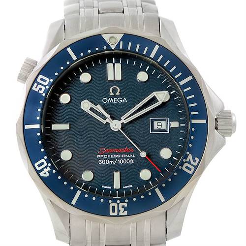 The image shows the face and bezel of the Omega Seamaster 2221.80.00 Men's Stainless Steel Blue Dial 2221.80.00 Men's Stainless Steel Blue Dial watch, highlighting the dial, date window, and part of the bracelet.