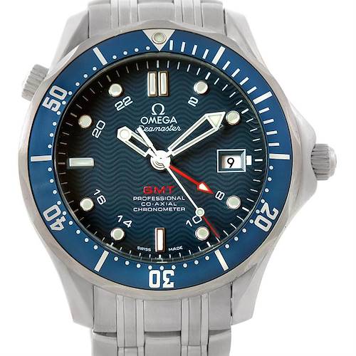 The image shows a front view of the Omega Seamaster 2535.80.00 Men's Stainless Steel Blue Dial 2535.80.00 Men's Stainless Steel Blue Dial watch, highlighting the dial, hands, bezel, crown, and part of the metal bracelet.