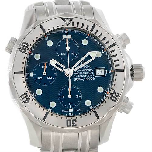 The image shows a front view of an Omega Seamaster 2598.80.00 Men's Stainless Steel Blue Dial 2598.80.00 Men's Stainless Steel Blue Dial watch highlighting the dial, bezel, chronograph subdials, and bracelet.