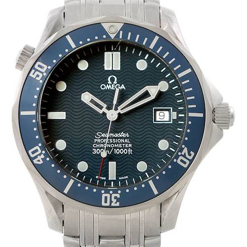 This image shows a front view of the Omega Seamaster 2531.80.00 Men's Stainless Steel Blue Dial 2531.80.00 Men's Stainless Steel Blue Dial watch, displaying its dial, bezel, crown, and part of the bracelet.