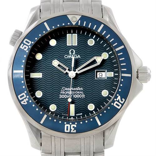 The image shows a front view of the Omega Seamaster 2541.80.00 Men's Stainless Steel Blue Dial 2541.80.00 Men's Stainless Steel Blue Dial watch, highlighting its dial, bezel, hands, and bracelet.