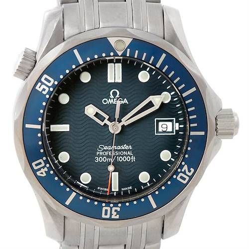The image shows a front view of an Omega Seamaster 2561.80.00 Men's Stainless Steel Blue Dial 2561.80.00 Men's Stainless Steel Blue Dial watch, highlighting the dial, bezel, hands, and part of the bracelet.