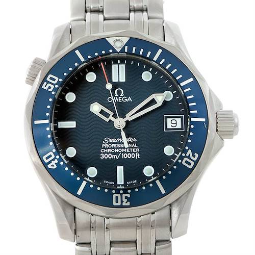 The image shows a front view of an Omega Seamaster 2551.80.00 Men's Stainless Steel Blue Dial 2551.80.00 Men's Stainless Steel Blue Dial watch featuring the dial, bezel, case, bracelet, and crown.