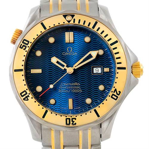 The image shows a front view of an Omega Seamaster Men's Steel and Gold (two tone) Blue Dial Men's Steel and Gold (two tone) Blue Dial watch, featuring its dial, hands, bezel, and part of its bracelet.