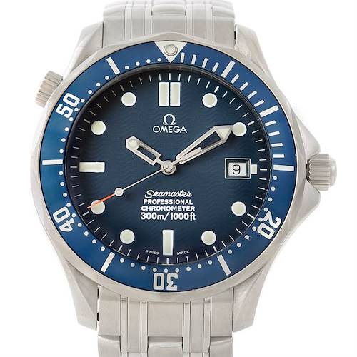 The image shows a front-facing view of an Omega Seamaster 2531.80.00 Men's Stainless Steel Blue Dial 2531.80.00 Men's Stainless Steel Blue Dial watch, displaying its dial, bezel, and bracelet.
