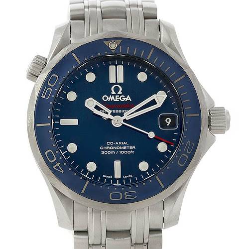 The image shows a frontal view of the Omega Seamaster 212.30.36.20.03.001 Men's Stainless Steel Blue Dial 212.30.36.20.03.001 Men's Stainless Steel Blue Dial watch, highlighting the dial, bezel, crown, and stainless steel bracelet.