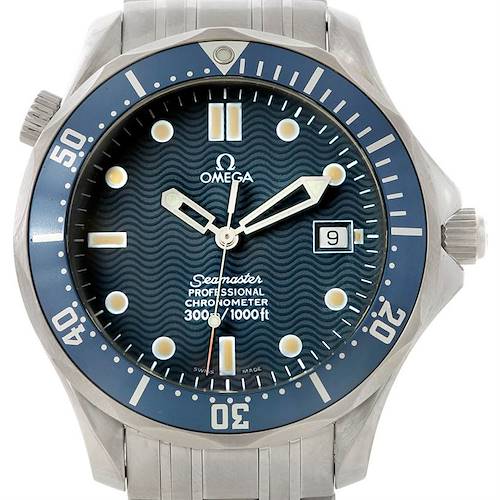 The image shows a front view of the Omega Seamaster 2531.80.00 Men's Stainless Steel Blue Dial 2531.80.00 Men's Stainless Steel Blue Dial Professional Chronometer watch, highlighting the dial, bezel, and crown.