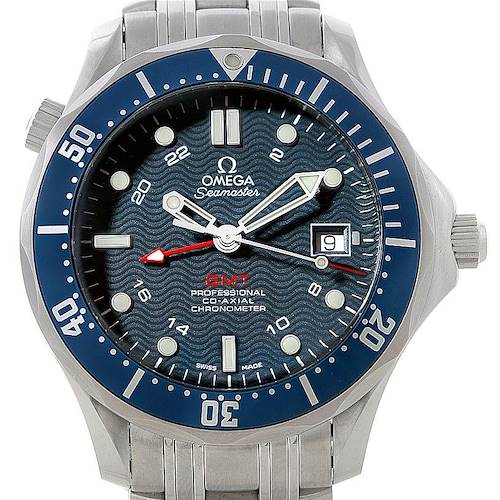 The image shows a frontal view of an Omega Seamaster 2535.80.00 Men's Stainless Steel Blue Dial 2535.80.00 Men's Stainless Steel Blue Dial watch, highlighting its dial, bezel, hands, and bracelet.