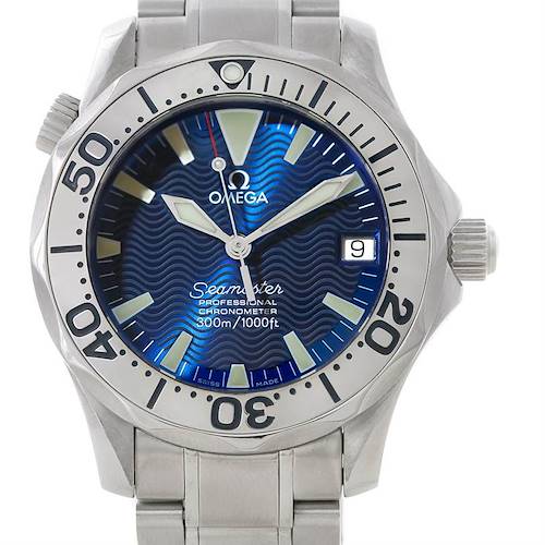 This image shows a front-facing view of the Omega Seamaster 2253.80.00 Men's Stainless Steel Blue Dial 2253.80.00 Men's Stainless Steel Blue Dial watch displaying its dial, bezel, crown, and stainless steel bracelet.
