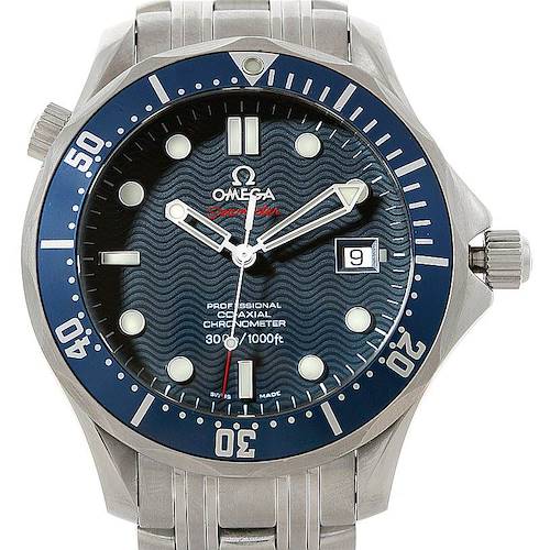 The image shows a front view of the Omega Seamaster 2220.80.00 Men's Stainless Steel Blue Dial 2220.80.00 Men's Stainless Steel Blue Dial watch, displaying the dial, bezel, crown, and part of the bracelet.
