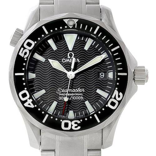 The image shows a front view of the Omega Seamaster 2262.50.00 Men's Stainless Steel Black Dial 2262.50.00 Men's Stainless Steel Black Dial watch, highlighting its face, bezel, crown, and part of the bracelet.