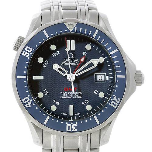 The Omega Seamaster 2535.80.00 Men's Stainless Steel Blue Dial 2535.80.00 Men's Stainless Steel Blue Dial watch is shown from the front, displaying the dial, bezel, and part of the bracelet.