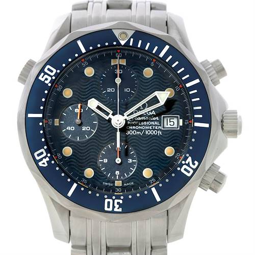 The image shows a front view of the Omega Seamaster 2599.80.00 Men's Stainless Steel Blue Dial 2599.80.00 Men's Stainless Steel Blue Dial watch, displaying its dial, bezel, and part of its bracelet.