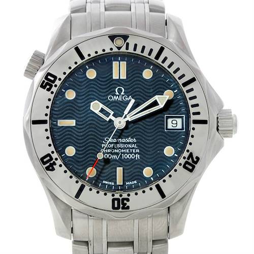 The image shows a front view of the Omega Seamaster 2552.80.00 Men's Stainless Steel Blue Dial 2552.80.00 Men's Stainless Steel Blue Dial Professional Chronometer watch, displaying its bezel, dial, hands, and date window.