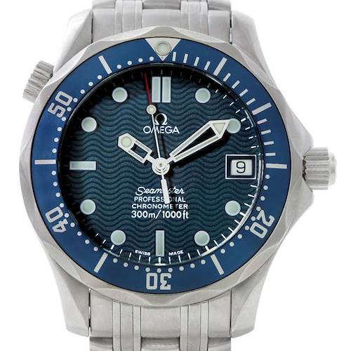 The image shows a front view of the Omega Seamaster 2551.80.00 Men's Stainless Steel Blue Dial 2551.80.00 Men's Stainless Steel Blue Dial watch, featuring the dial, bezel, hands, and a portion of the bracelet.