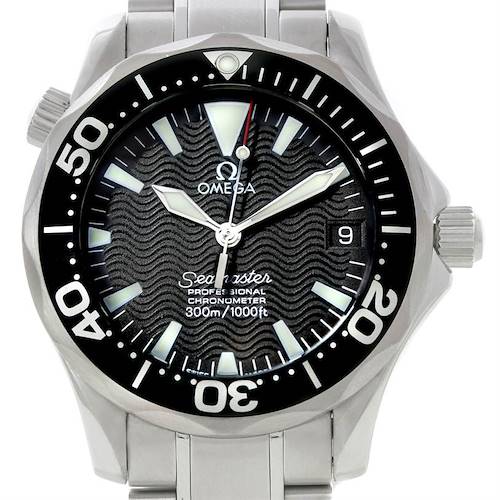 The Omega Seamaster 2252.50.00 Men's Stainless Steel Black Dial 2252.50.00 Men's Stainless Steel Black Dial watch is shown from a front-facing angle, displaying the dial, bezel, and part of the bracelet.