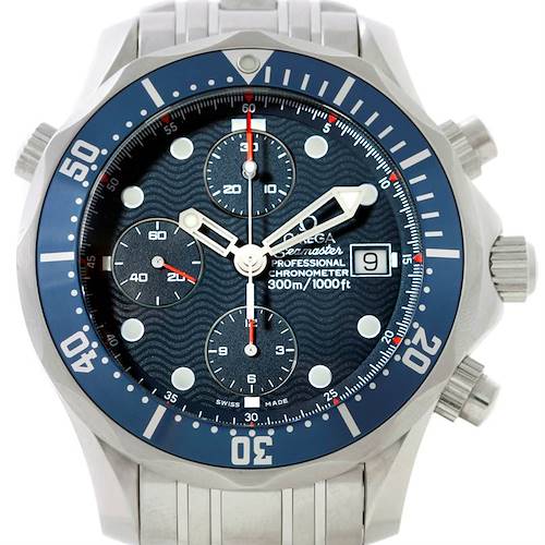The Omega Seamaster 2599.80.00 Men's Stainless Steel Blue Dial 2599.80.00 Men's Stainless Steel Blue Dial watch is shown from a front angle, highlighting its bezel, dial, hands, subdials, and date window.