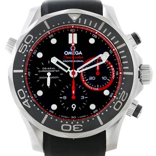 The image shows the front view of an Omega Seamaster 212.32.44.50.01.001 Men's Stainless Steel Black Dial 212.32.44.50.01.001 Men's Stainless Steel Black Dial watch displaying its dial, bezel, and chronograph buttons.