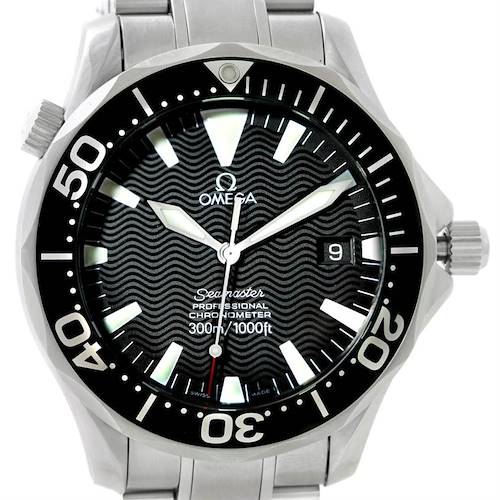 This is a front view of an Omega Seamaster 2254.50.00 Men's Stainless Steel Black Dial 2254.50.00 Men's Stainless Steel Black Dial watch showcasing the dial, bezel, crown, and part of the bracelet.