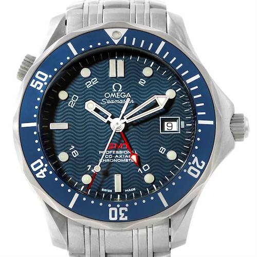 The image shows a front-facing angle of an Omega Seamaster 2535.80.00 Men's Stainless Steel Blue Dial 2535.80.00 Men's Stainless Steel Blue Dial watch, highlighting its blue dial, date window, and stainless steel bracelet.