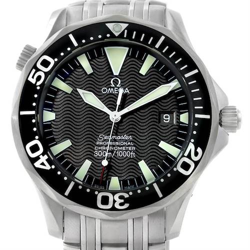 The image shows a front view of an Omega Seamaster 2254 50 00 Men's Stainless Steel Black Dial 2254 50 00 Men's Stainless Steel Black Dial watch, displaying its face, bezel, hands, and part of the bracelet.