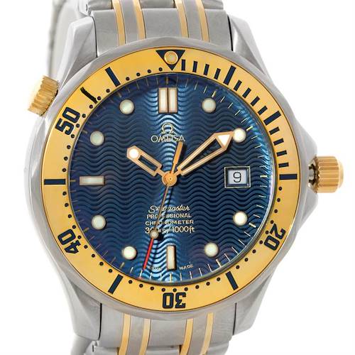 The image shows the front view of an Omega Seamaster 2332.80.00 Men's Stainless Steel Blue Dial 2332.80.00 Men's Stainless Steel Blue Dial watch, revealing the dial, bezel, hands, and part of the bracelet.