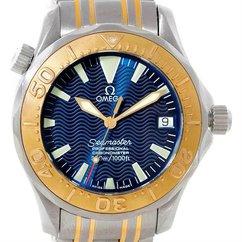 The image shows a front view of the Omega Seamaster Men's Stainless Steel Blue Dial Men's Stainless Steel Blue Dial watch featuring its dial, bezel, crown, and part of the bracelet.