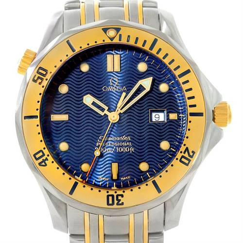 The image shows a front view of the Omega Seamaster 2342.80.00 Men's Stainless Steel Blue Dial 2342.80.00 Men's Stainless Steel Blue Dial watch, highlighting its dial, hands, bezel, and part of the bracelet.